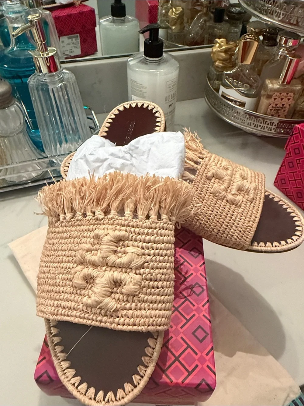 Tory Burch Natural Raffia Fringe Slide Sandals - Picture 2 of 3